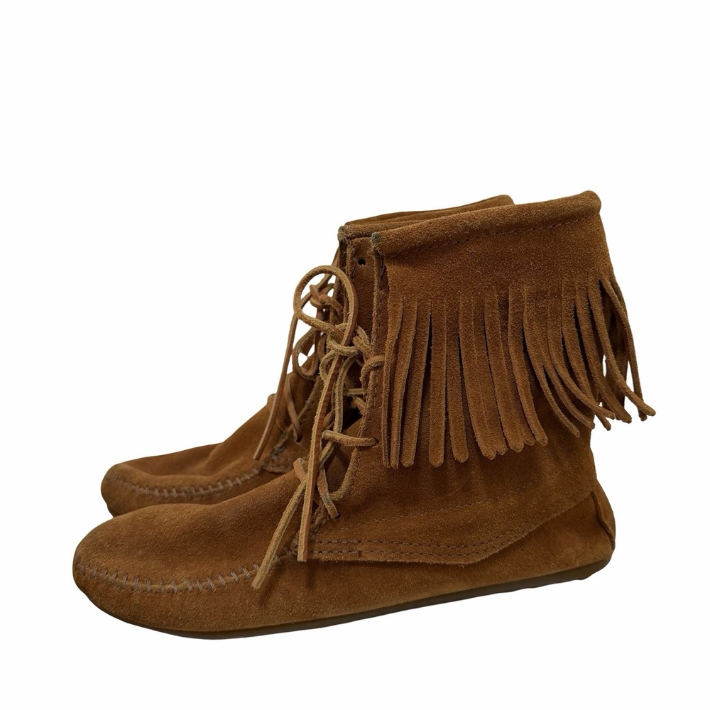 Minnetonka Fringe Suede Ankle Moccasin Boots Womens US 9 Brown Western Americana
